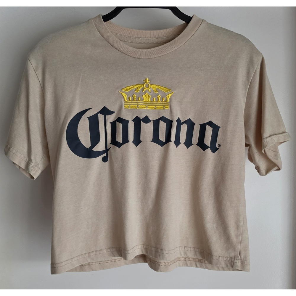Corona Beer Graphic T-Shirt Size S Short Sleeve Beige Casual Tee Top